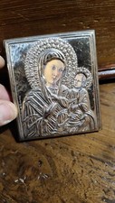 QUADRETTO ICONA ARGENTO STERLING ORTODOSSA BIZANTINA MADONNA E BAMBINO VINTAGE.