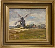 Quadro a Olio Impressionista 1939 Paesaggio Con Mulino Svezia Firmato 38 X 43 CM