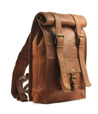Borsa zaino rolltop marrone in vera pelle di capra fatta a mano per trekking ...