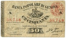 50 CENTESIMI BIGLIETTO FIDUCIARIO BANCA POPOLARE DI GENOVA 24/06/1868 BB-
