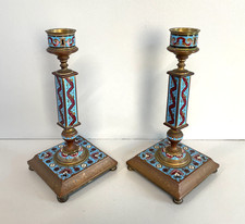 ANTICA COPPIA DI CANDELIERI CLOISONNE EPOCA '900 BRONZO SMALTO CANDELABRI FRANCE