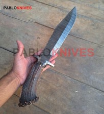Coltello Bowie da caccia acciaio damascato forgiato a mano premium 15" corona corna di cervo