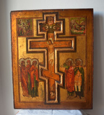 Icona russa antica Crocifissione e Scene incisa nel legno XIX° ikon 52 x 41 cm