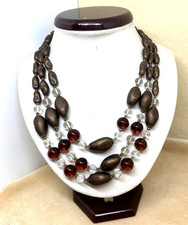 COLLANAA TRE FILI VETRO MURANO RICOPERTO MARRONE E VETRO SOMMERSO AMBRA/TRASPAR.