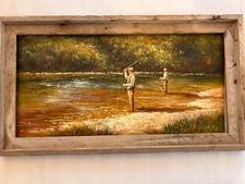 Dipinto olio pescatore a mosca