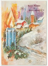 1971 cartolina Buon Natale vintage paese innevato candela decorazione natalizia