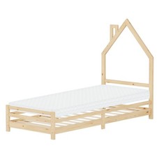 Letto bambini 90x200 cm + materasso 10 cm con testiera casetta in pino naturale