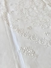 Vintage Shadow Point Embroidery Linen Banquet Round Tablecloth 24 Napkins 1960