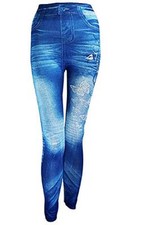 Leggings Donna Effetto Jeans Stampa Farfalle Blu Tg Unica Aderente L.23220