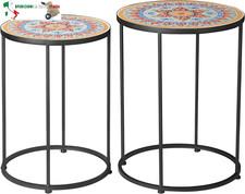 Set da Giardino 2 Tavoli da Giardino in Metallo e Ceramica con Piano d'Appoggio 