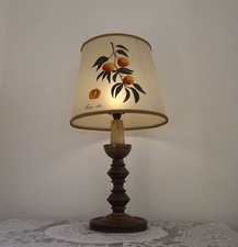 Grande lampada metà secolo rotonda tornita legno e rame paralume dipinto a mano 3932