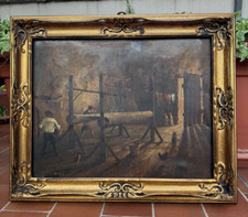ANTICO DIPINTO OLIO SU TELA - SCENA DI TESSITORI - CORNICE IN STILE FIORENTINO