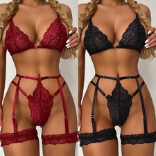 Set biancheria intima donna lingerie vino rosso nero giarrettiera cintura pizzo