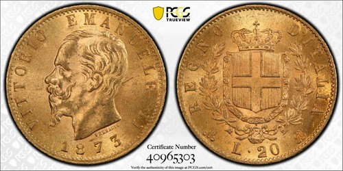 Italia oro lire 1873 - italia,, 20