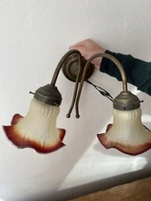Lampada 2 Applique  Ferro Battuto Bronzo Vetro Bianco Lavorato A Campanella