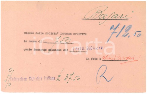 1938 ciclismo milano ricevuta - ciclismo,