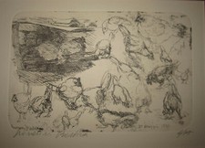 1966 Giovanni Barbisan. Acquaforte, Studio di galline nell' aia. Esemplare 4/75.