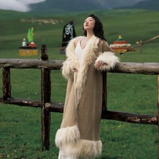 Costume Donna Nuovo Etnico Vera Pelliccia Lunghezza Ginocchio Cappotto Spessi Caldo Foderato Pelliccia Cappotto