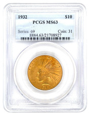 1932 $10 oro aquila indiana classificata da PCGS come MS63! Bellissimo oro primi Stati Uniti