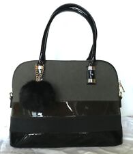Borsa Grande Elegante Grigio e Nero Lucido Vernice Doppio Manico 6 Tasche
