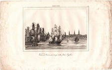 Stampa antica BOSTON partenza dei velieri inglesi USA 1840 Antique Print