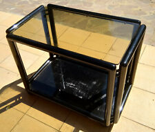 Carrello Porta TV Legno laccato nero, ripiano vetro fumè, con Rotelle -anni 90 