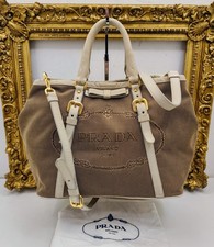 PRADA TOTE BAG SHOPPER MEDIA Logo Jacquard Canapa Beige e Pelle con Tracolla