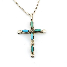 Collana Vintage Zuni Argento Sterling Croce Turchese Ciondolo 18" Old Pawn Daint