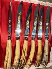 Set coltelli vintage Anton Wangen incisi 6 pezzi corna di cervo con scatola Solingen Germania