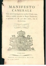 MANIFESTO CAMERALE 1798 VENDITA BENI CASE DEVOLUTI REGIO PATRIMONIO CASA SAVOIA