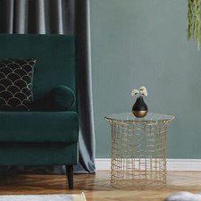 Tavolino da caffe' salotto divano rotondo in metallo dorato e vetro 40x40x45 cm