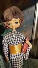 Bambola Geisha Giapponese- Doll Japanese Vintage in Kimono a Scacchi.