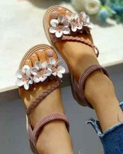 sandali bassi eleganti comodi pelle sintetica cuoio bianco rosa fiori 1053