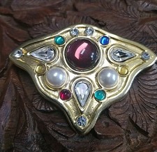 Lancetti Vintage Gold Color Grande Spilla Da Collezione Cristalli E Perle 6cm 