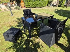 Set 5 pz da pranzo da esterno in polyrattan nero con cuscini