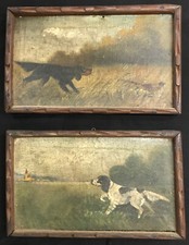 Coppia Dipinti Originali Cani Caccia Setter cm 20 x 12 cd.