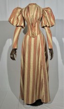 Raro abito antico righe rosse 1890 vittoriano cotone ensemble dress 2 pezzi