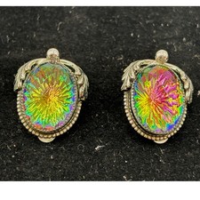 Orecchini Vintage Whiting & Davis Ovali Clip On Pietre Aurora Boreale Iridescenti