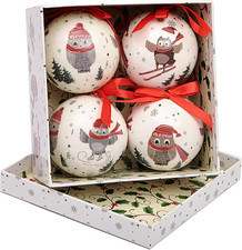- Set 4 Sfere Decoupage Ornamentali Cute Winter Owls (Ø7,5Cm) Con Nastro in Tess