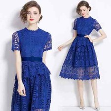 Vestito Abito Lungo Elegante Bohoo Morbido Blu Pizzo Longuette GIPSY 06797