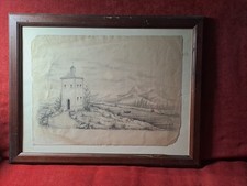 Disegno Antico.Disegno di paesaggio con Torre;cm 25x34; cornice 34x44; metà '800
