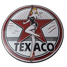 Insegna Vintage Texaco Benzina - Stazione di Servizio Pompa Insegna Porcellana