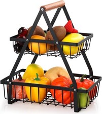 Portafrutta 2 Piani in Metallo con Manico in Legno Nero Fruttiera Cucina