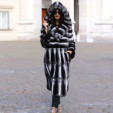 Cappotto donna pelliccia di coniglio cincillà vero rex risvolto cappuccio giacca spessa soprabito nuovo