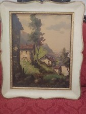 Quadro antico vintage paesaggio olio su tela cornice guantiera colore avorio oro