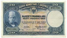 20 FRANCHI ORO BANCA NAZIONALE D'ALBANIA PROTETTORATO FEBBRAIO 1926 BB/SPL