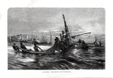 Stampa antica LAVAGNA pescatori e barche Genova 1880 Old print Engraving