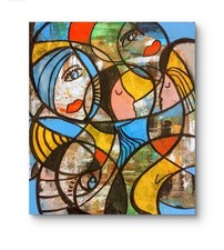 Quadro moderno dipinto a mano, acrilici su tela, 40x40cm, "MUJER Pop