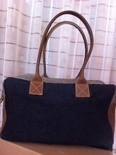LE SOLIM MAXI BORSA VERA PELLE CUOIO e DENIM  MADE in ITALY VINTAGE ORIGINALE