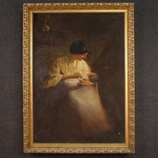 Dipinto spagnolo olio su tela quadro scena d'interno con cornice XX secolo